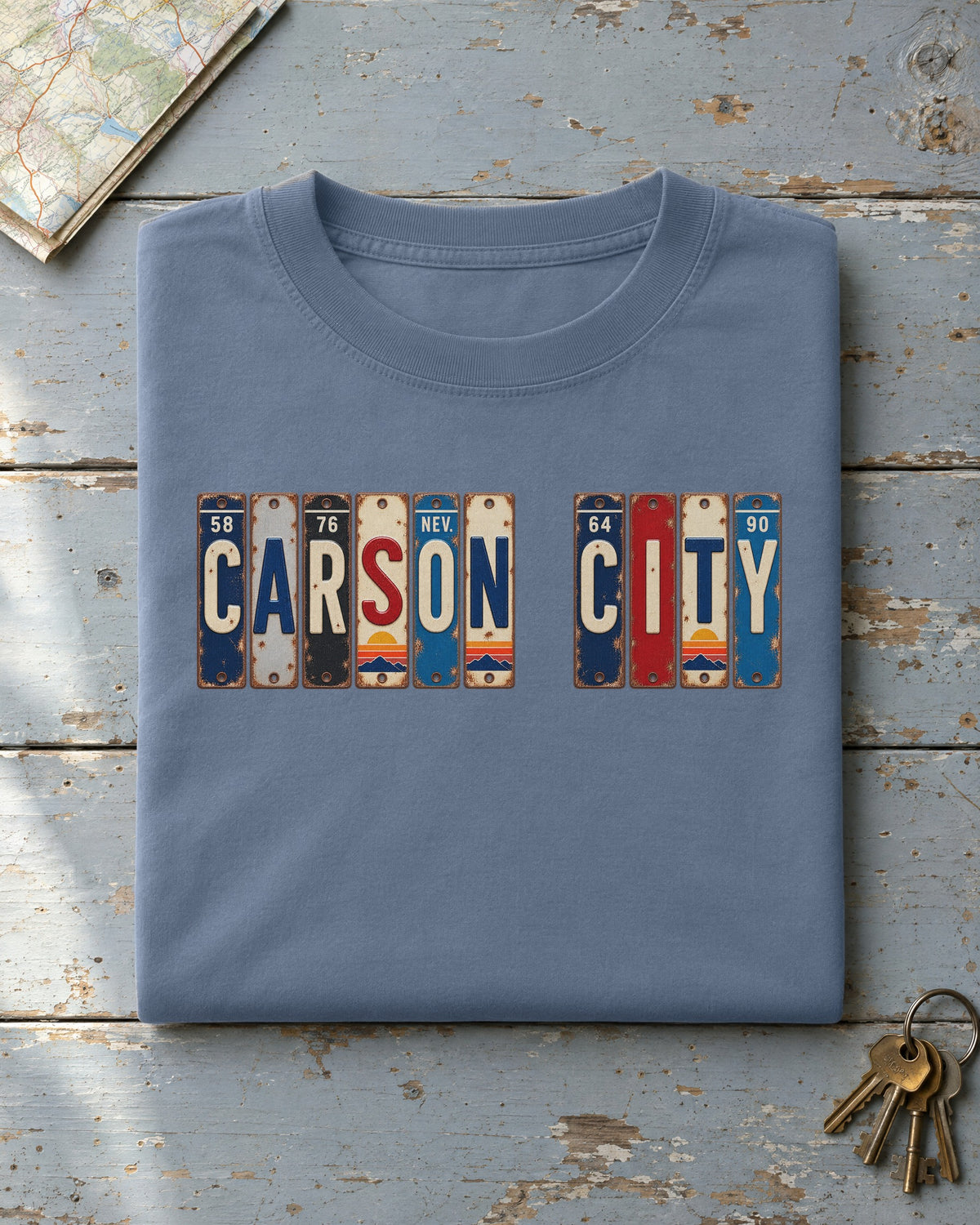 Carson City, Nevada vintage license plate t-shirt in Blue Jean