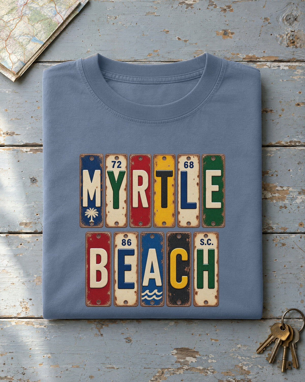 Myrtle Beach, South Carolina vintage license plate t-shirt in Blue Jean