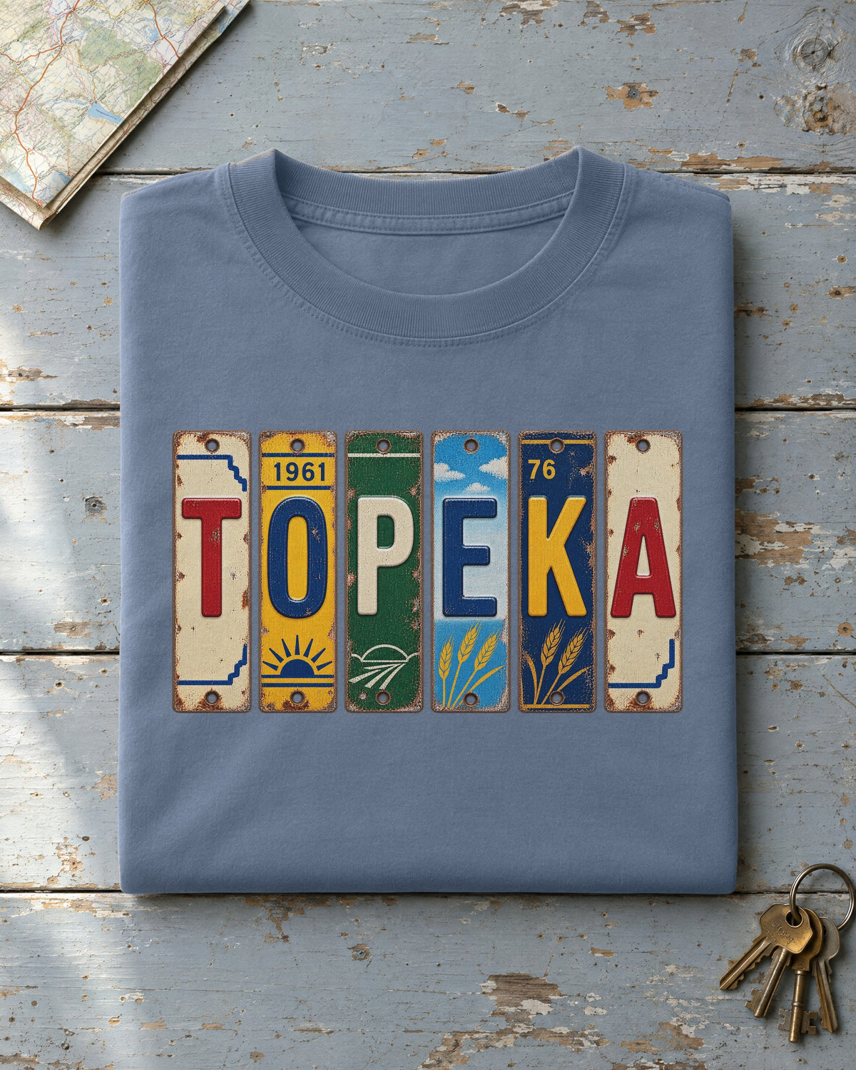 Topeka, Kansas vintage license plate t-shirt in Blue Jean