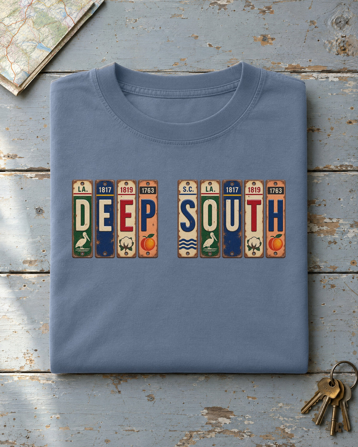 Deep South vintage license plate t-shirt in Blue Jean