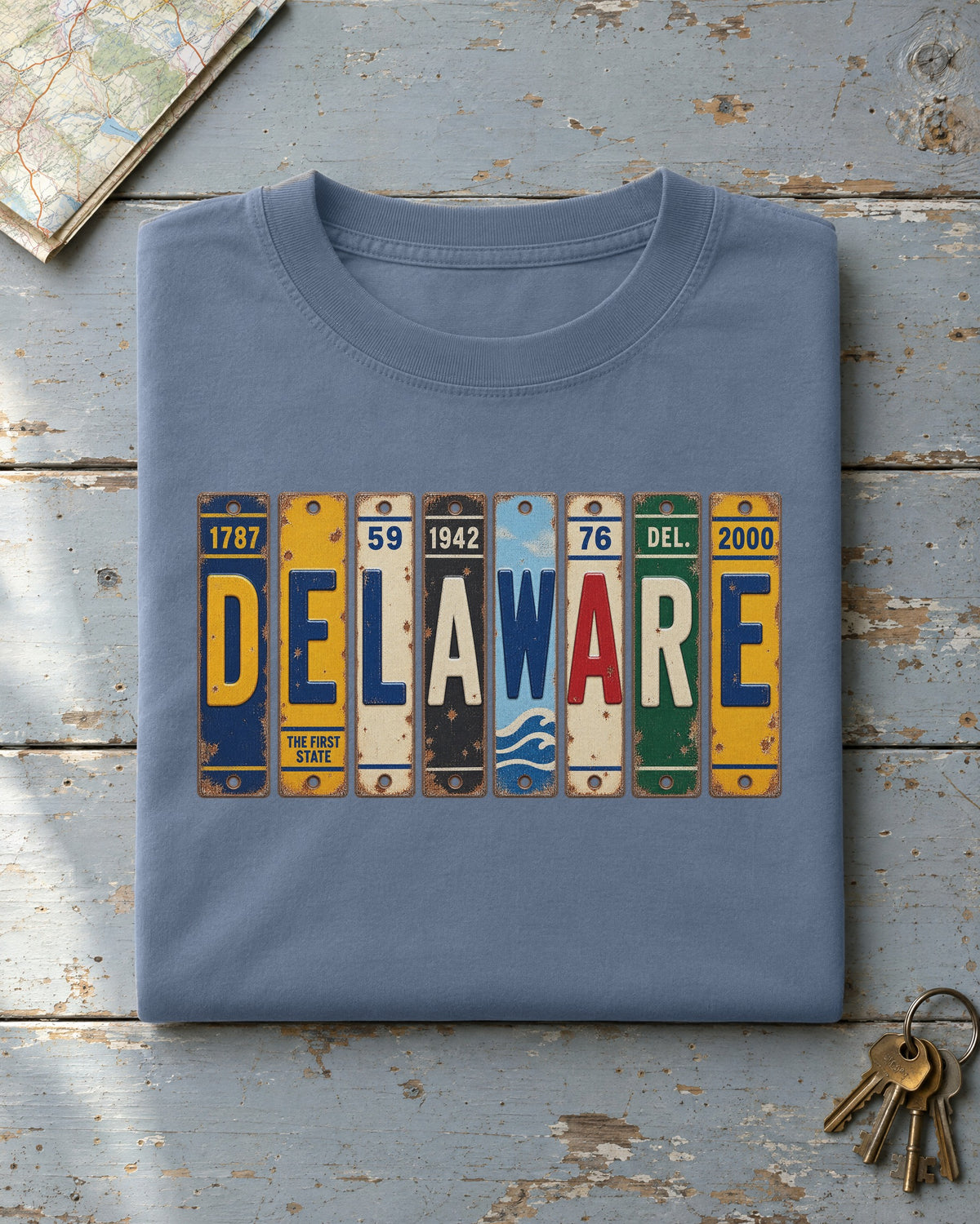 Delaware vintage license plate t-shirt in Blue Jean
