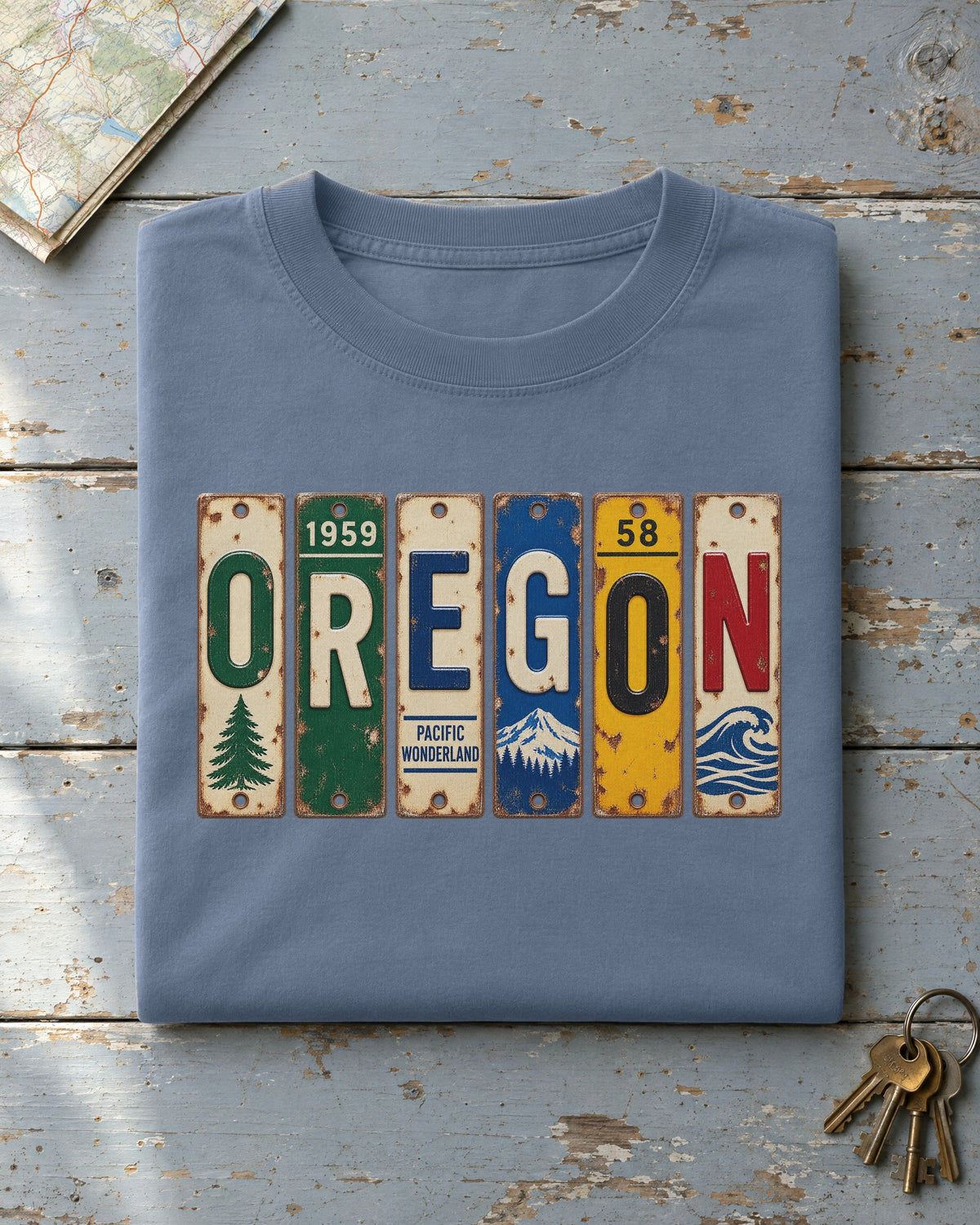 Oregon vintage license plate t-shirt in Blue Jean