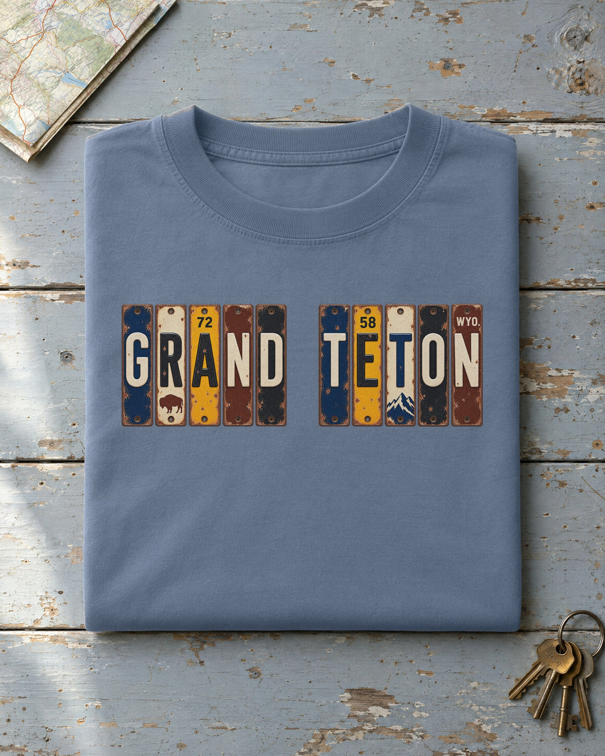 Grand Teton, Wyoming vintage license plate t-shirt in Blue Jean