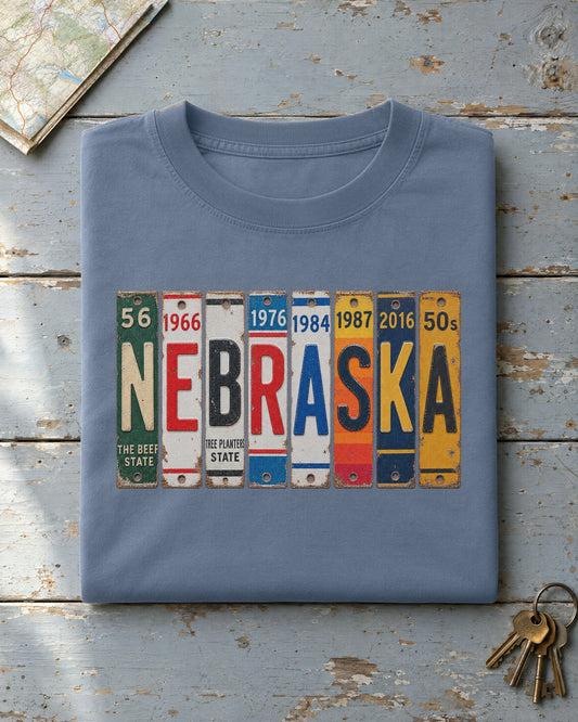 Nebraska vintage license plate t-shirt in Blue Jean