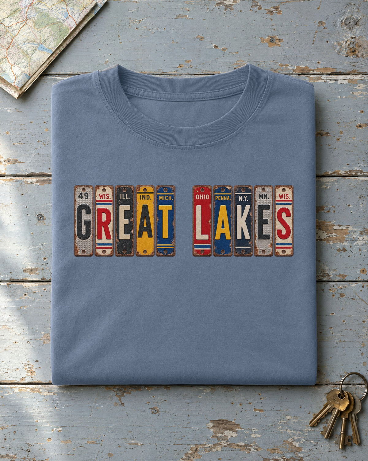 Great Lakes vintage license plate t-shirt in Blue Jean