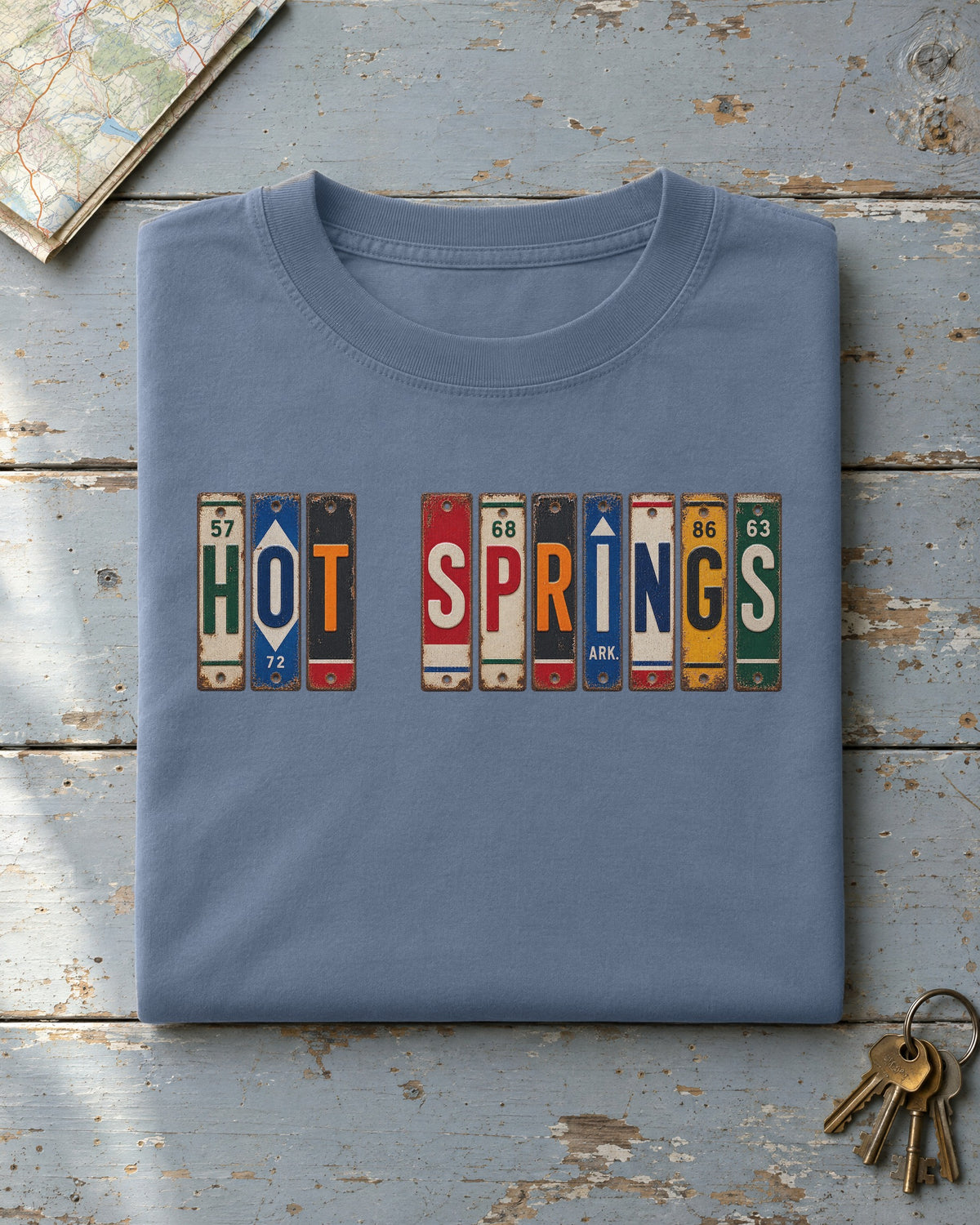 Hot Springs, Arkansas vintage license plate t-shirt in Blue Jean