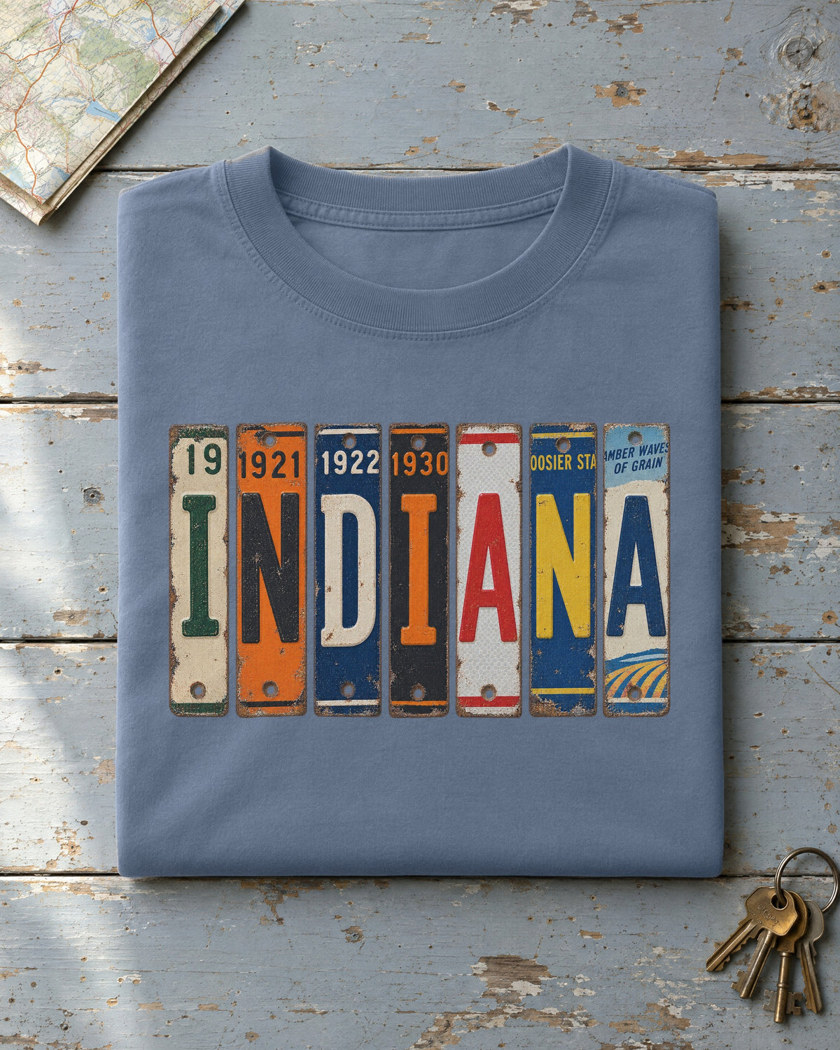 Indiana vintage license plate t-shirt in Blue Jean