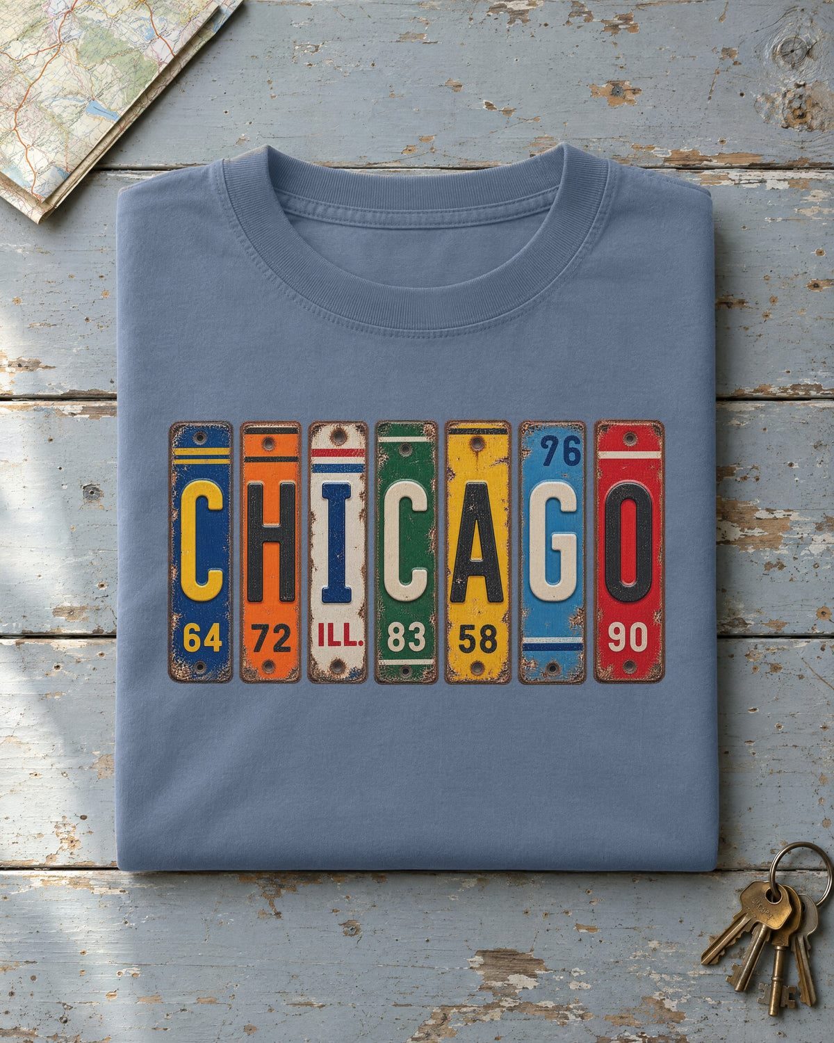 Chicago, Illinois vintage license plate t-shirt in Blue Jean