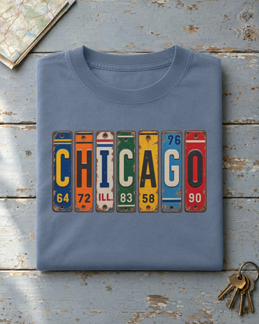Chicago, Illinois vintage license plate t-shirt in Blue Jean