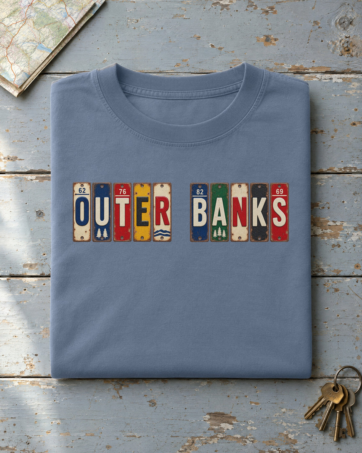 Outer Banks, North Carolina vintage license plate t-shirt in Blue Jean