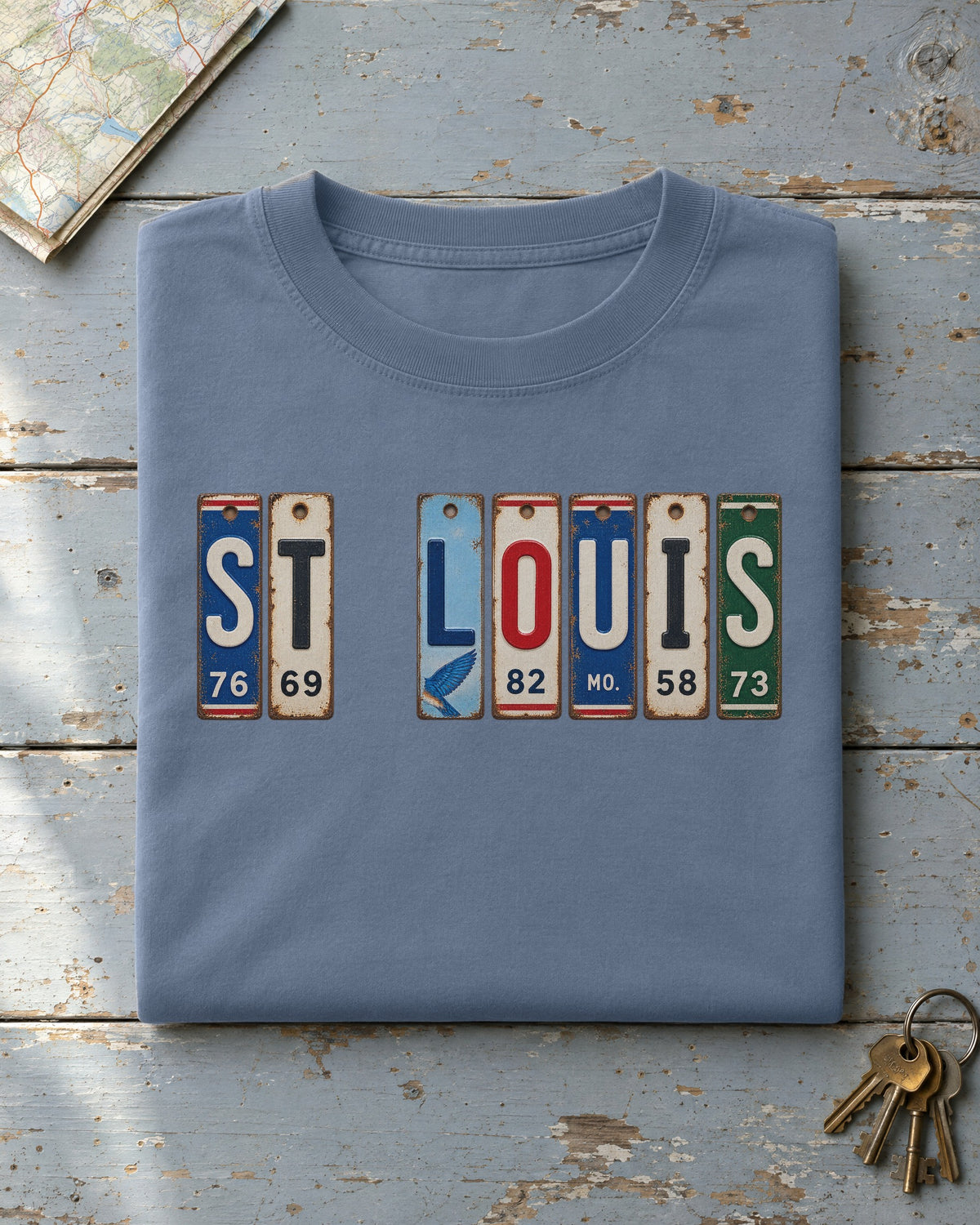 St. Louis, Missouri vintage license plate t-shirt in Blue Jean