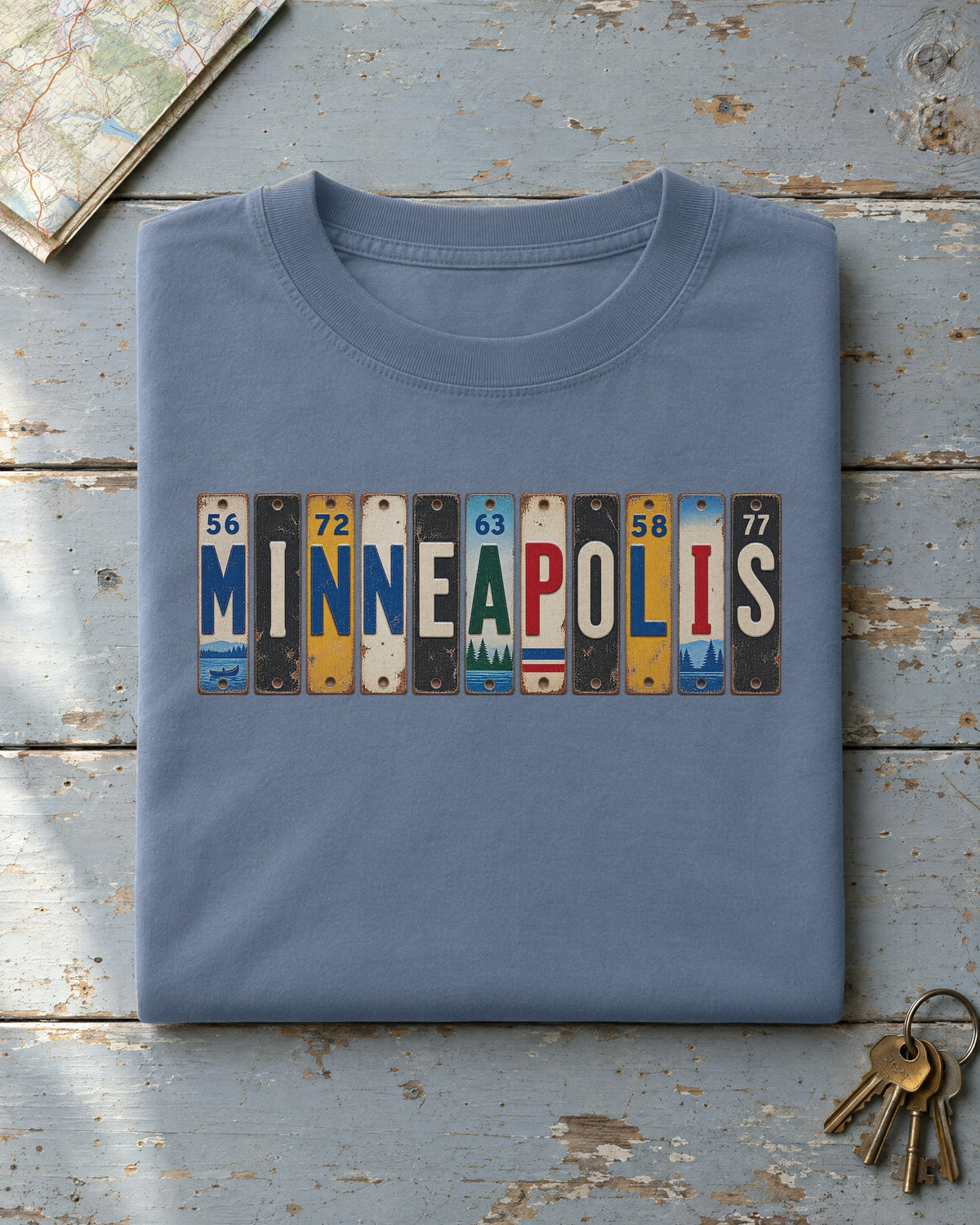Minneapolis, Minnesota vintage license plate t-shirt in Blue Jean