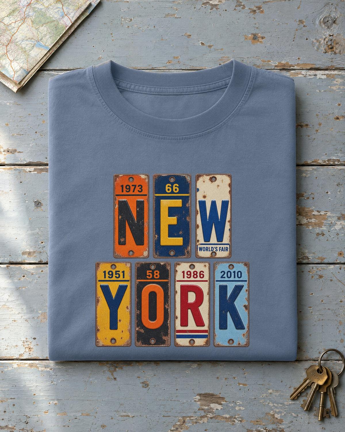 New York vintage license plate t-shirt in Blue Jean