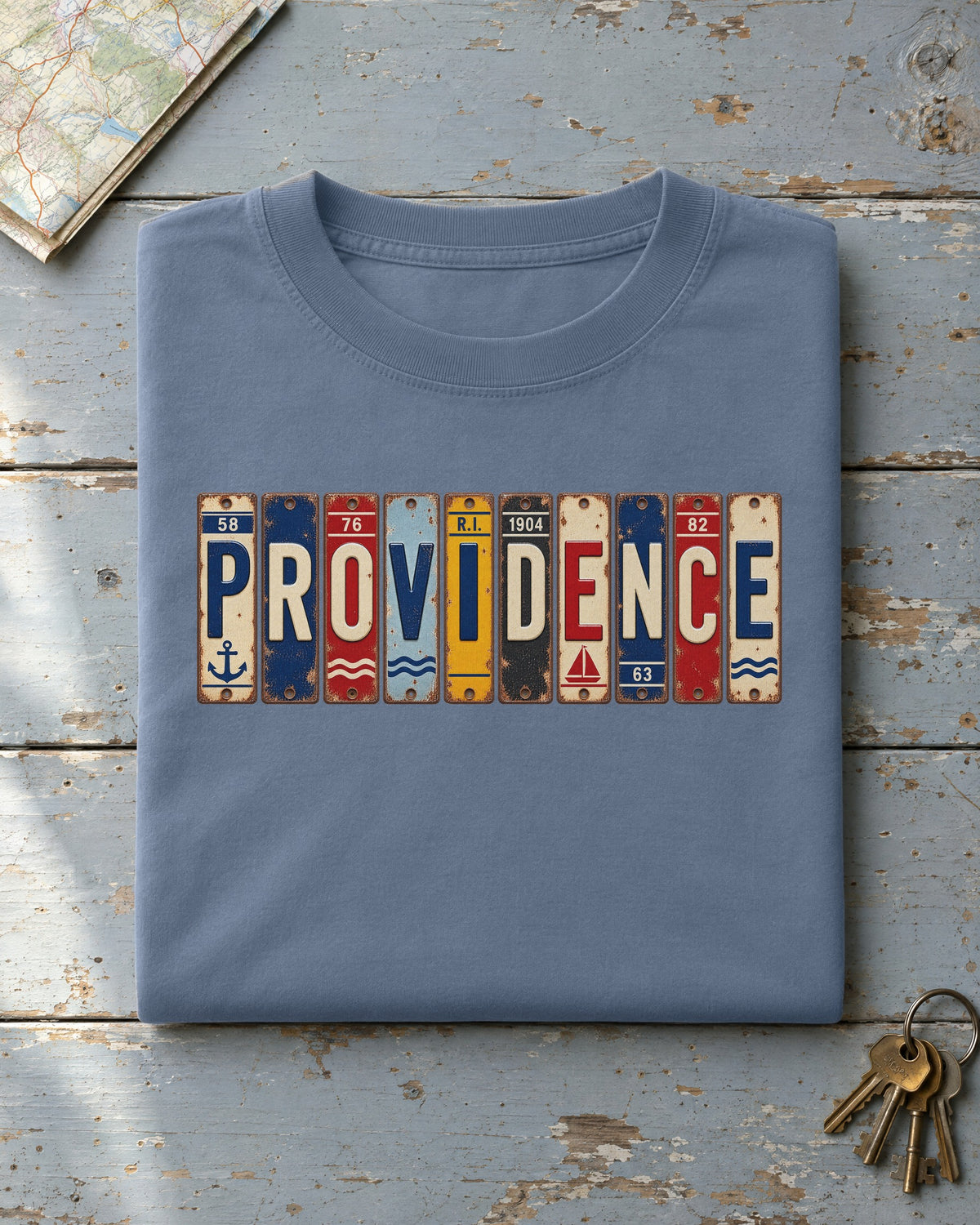 Providence, Rhode Island vintage license plate t-shirt in Blue Jean