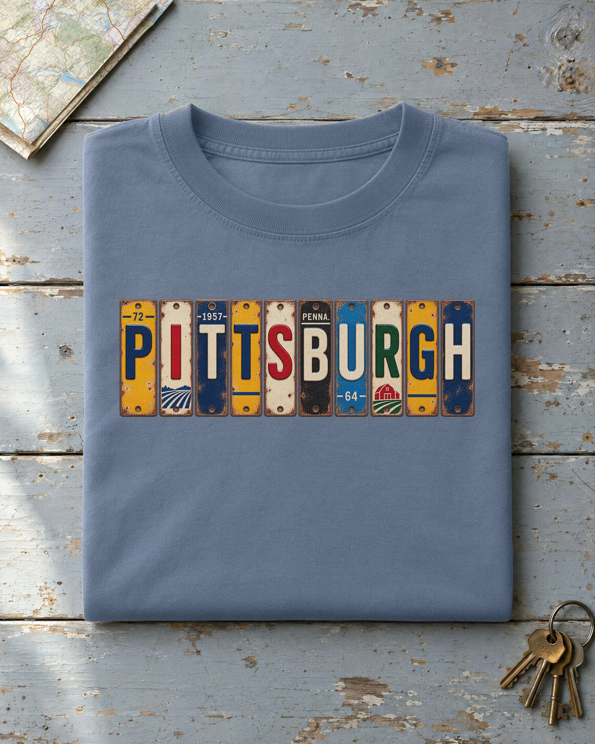 Pittsburgh, Pennsylvania vintage license plate t-shirt in Blue Jean