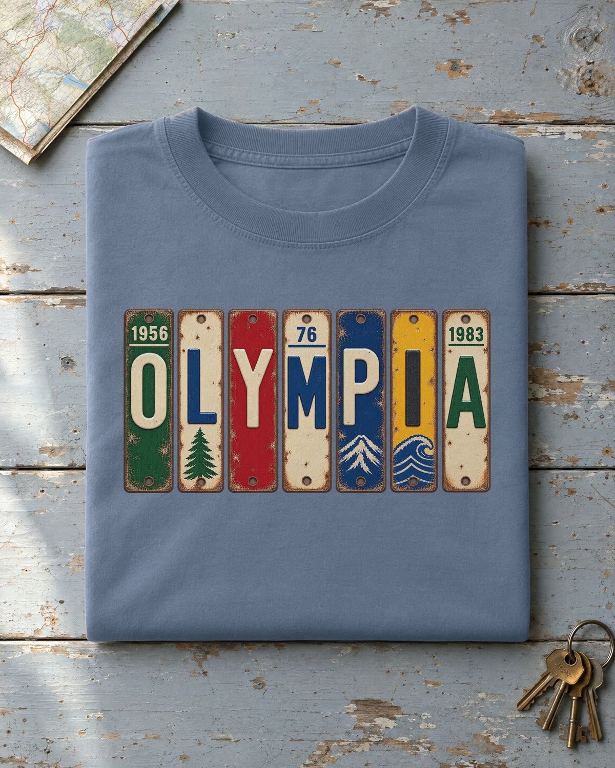Olympia, Washington vintage license plate t-shirt in Blue Jean