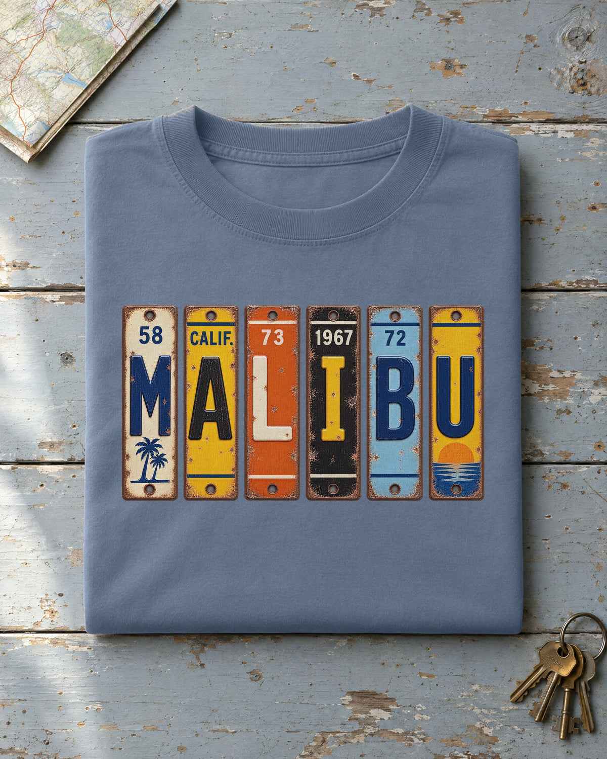Malibu, California vintage license plate t-shirt in Blue Jean