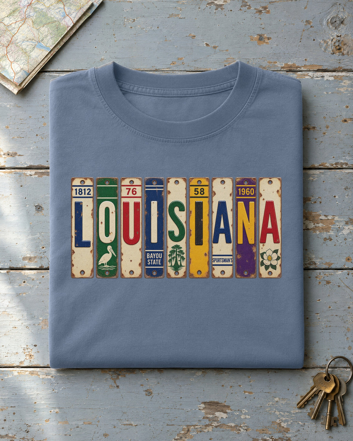 Louisiana vintage license plate t-shirt in Blue Jean