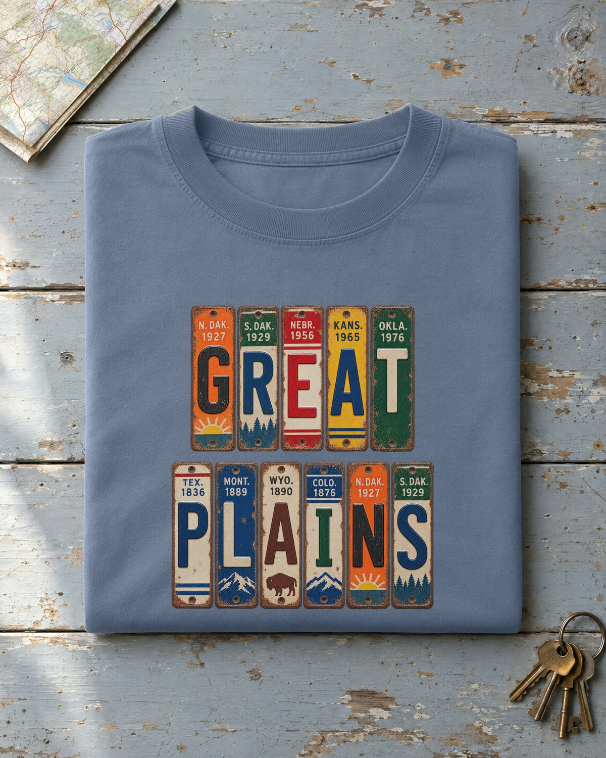 Great Plains vintage license plate t-shirt in Blue Jean