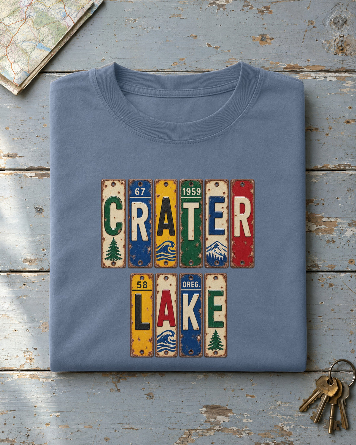 Crater Lake, Oregon vintage license plate t-shirt in Blue Jean
