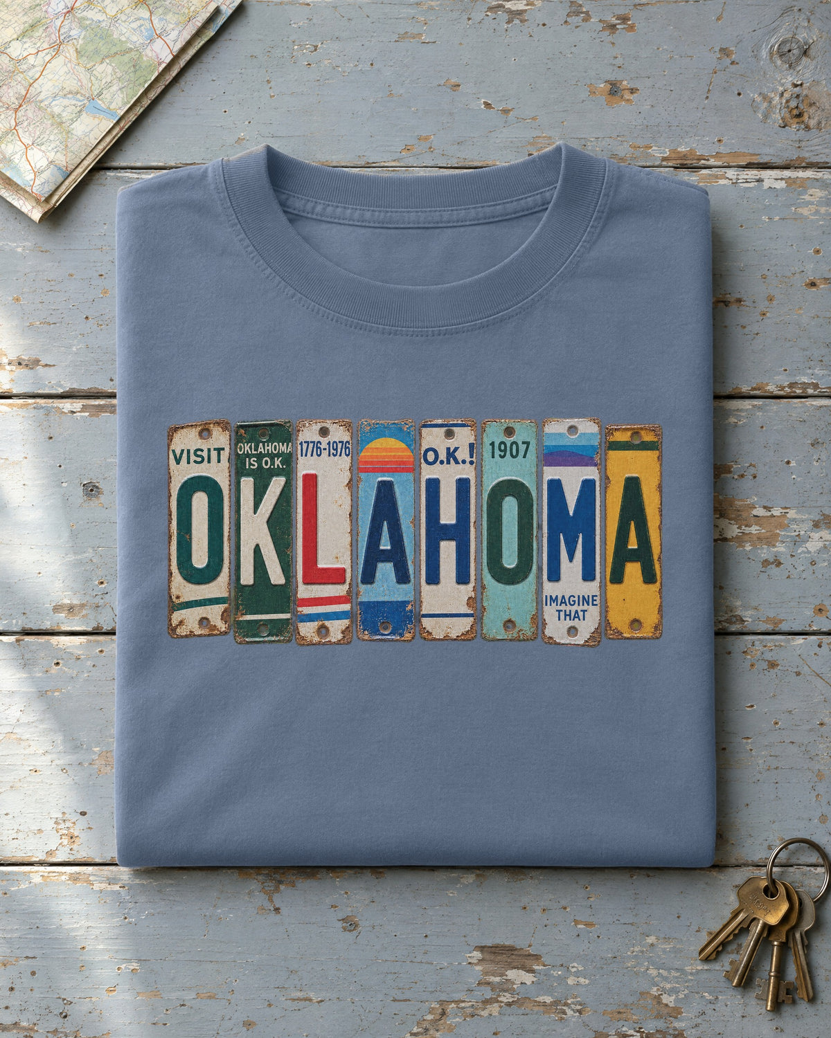 Oklahoma vintage license plate t-shirt in Blue Jean