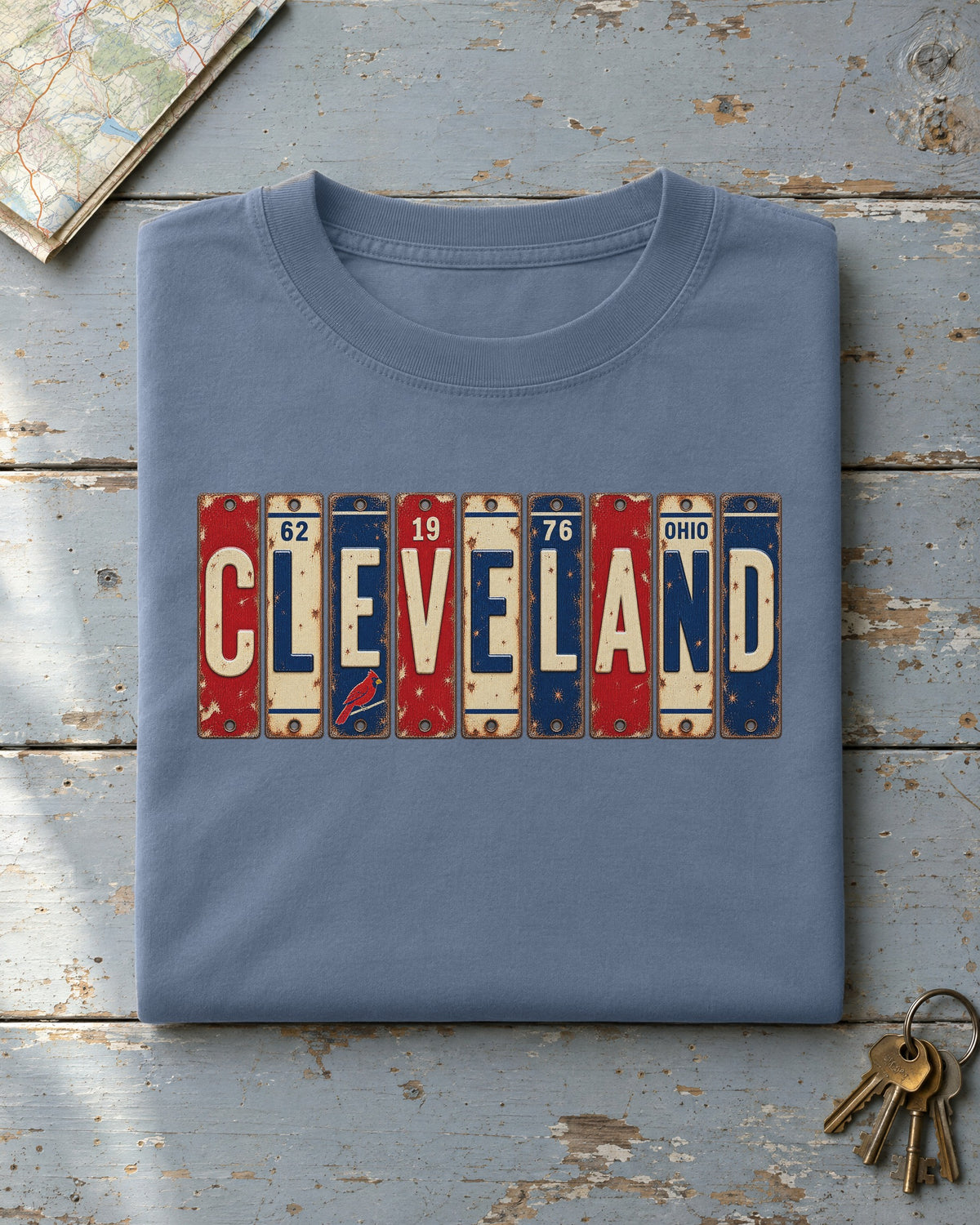Cleveland, Ohio vintage license plate t-shirt in Blue Jean