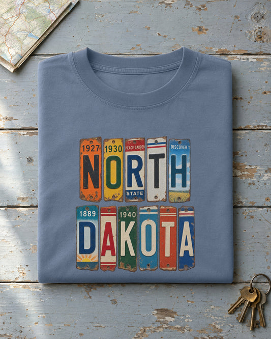 North Dakota vintage license plate t-shirt in Blue Jean