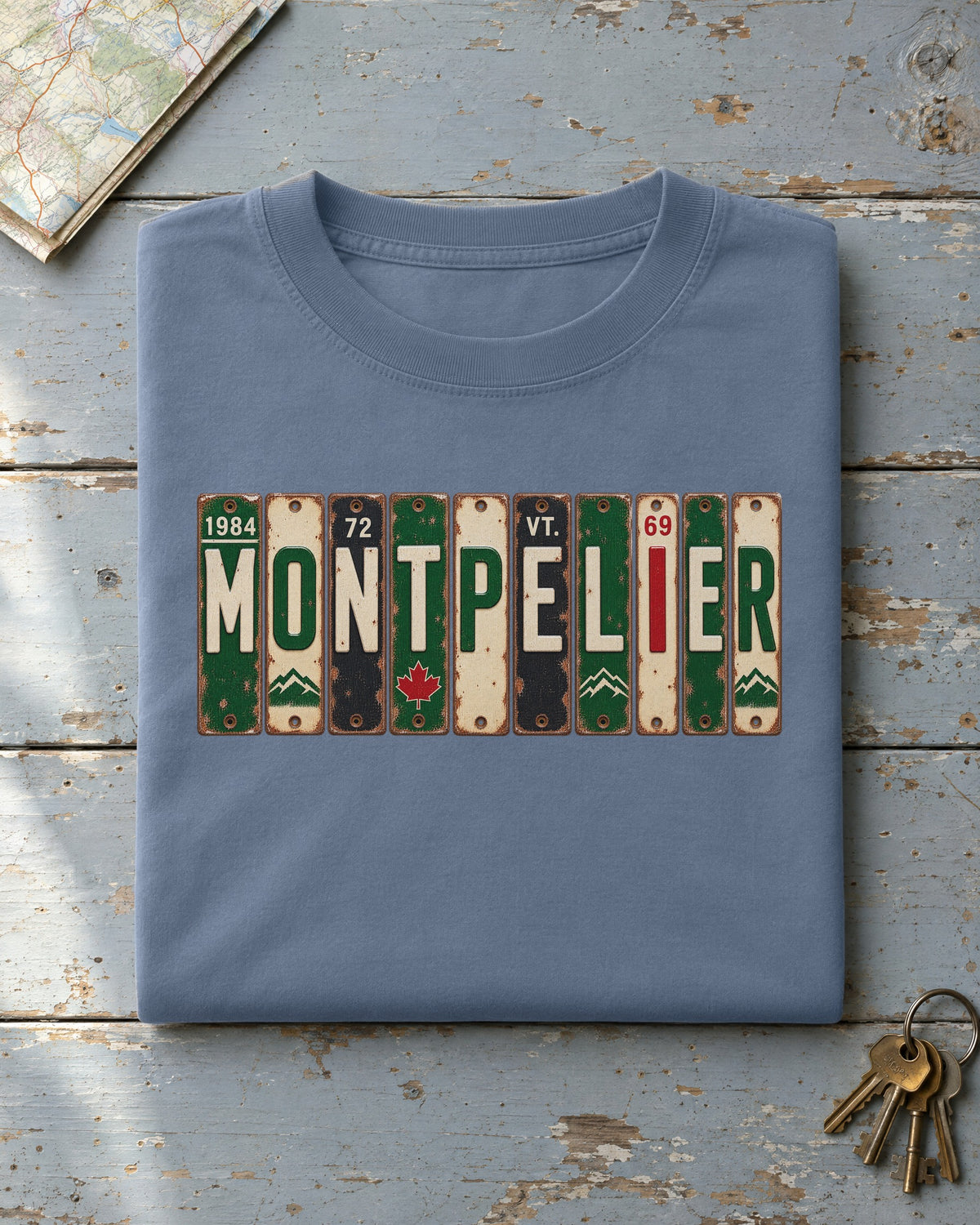 Montpelier, Vermont vintage license plate t-shirt in Blue Jean