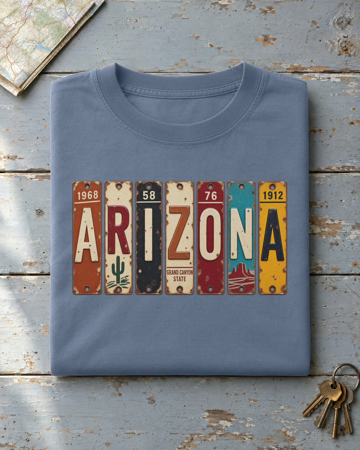 Arizona vintage license plate t-shirt in Blue Jean