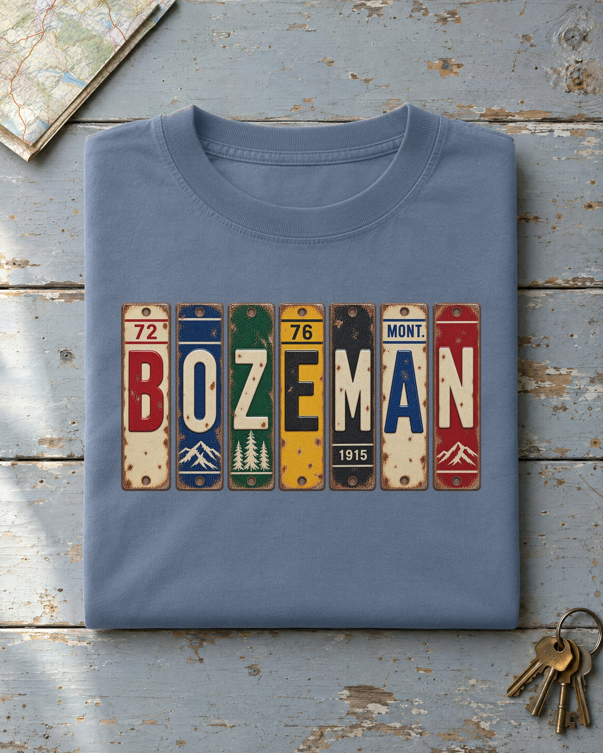 Bozeman, Montana vintage license plate t-shirt in Blue Jean