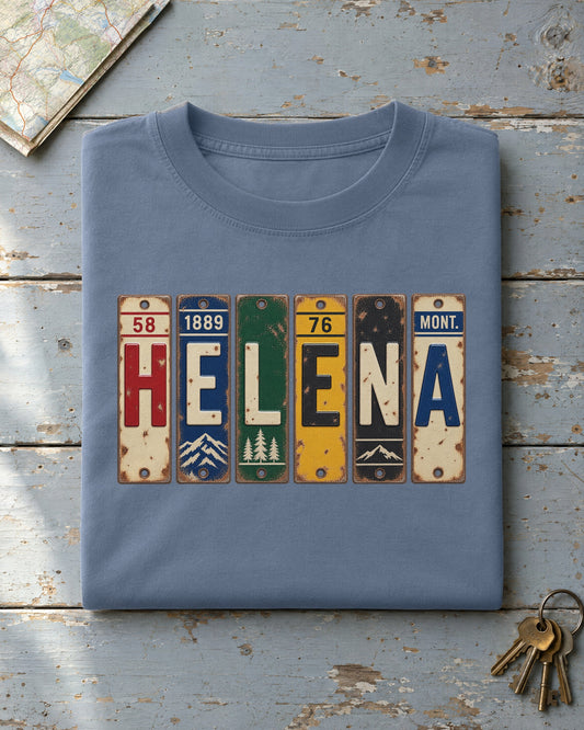 Helena, Montana vintage license plate t-shirt in Blue Jean