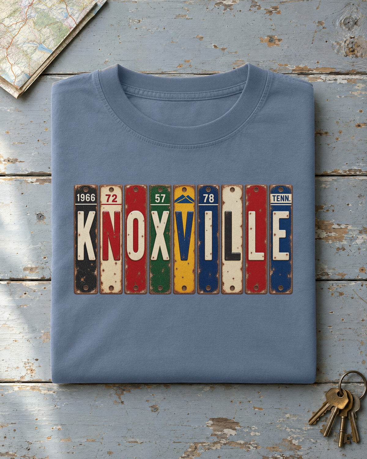 Knoxville, Tennessee vintage license plate t-shirt in Blue Jean