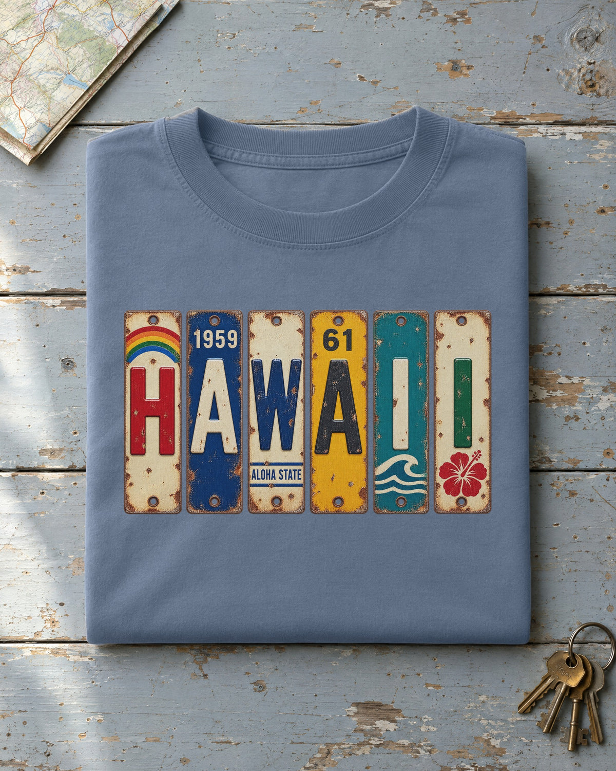 Hawaii vintage license plate t-shirt in Blue Jean