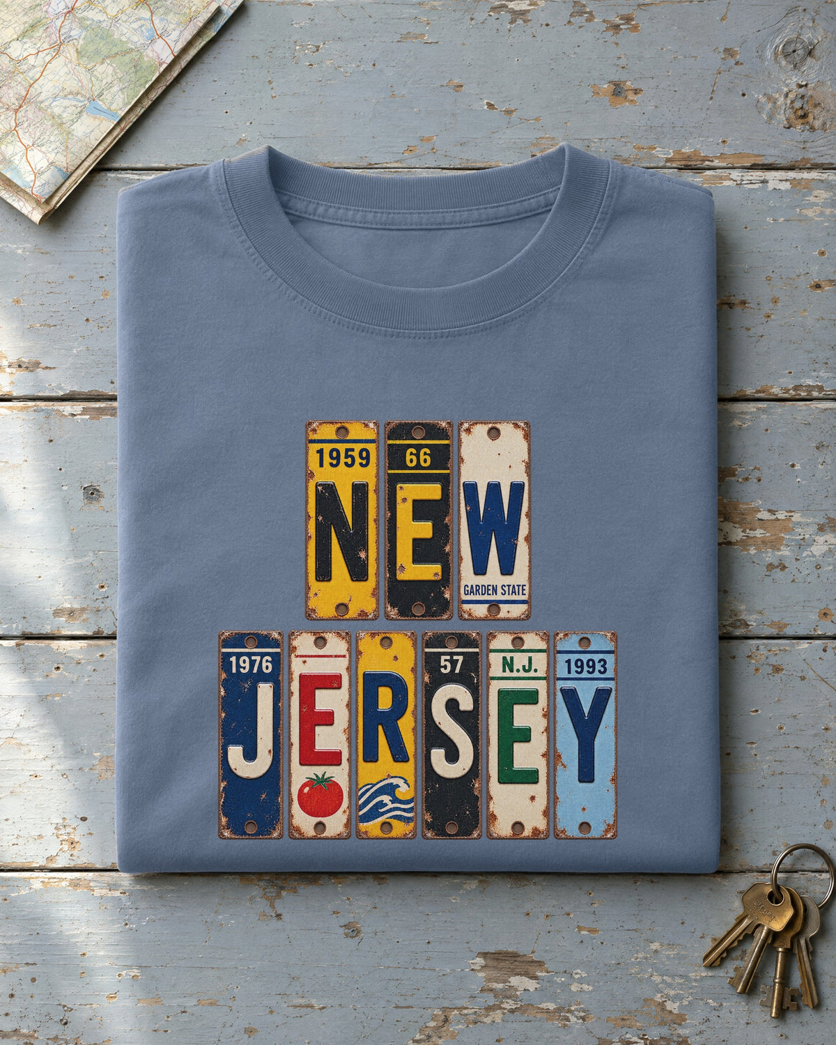 New Jersey vintage license plate t-shirt in Blue Jean