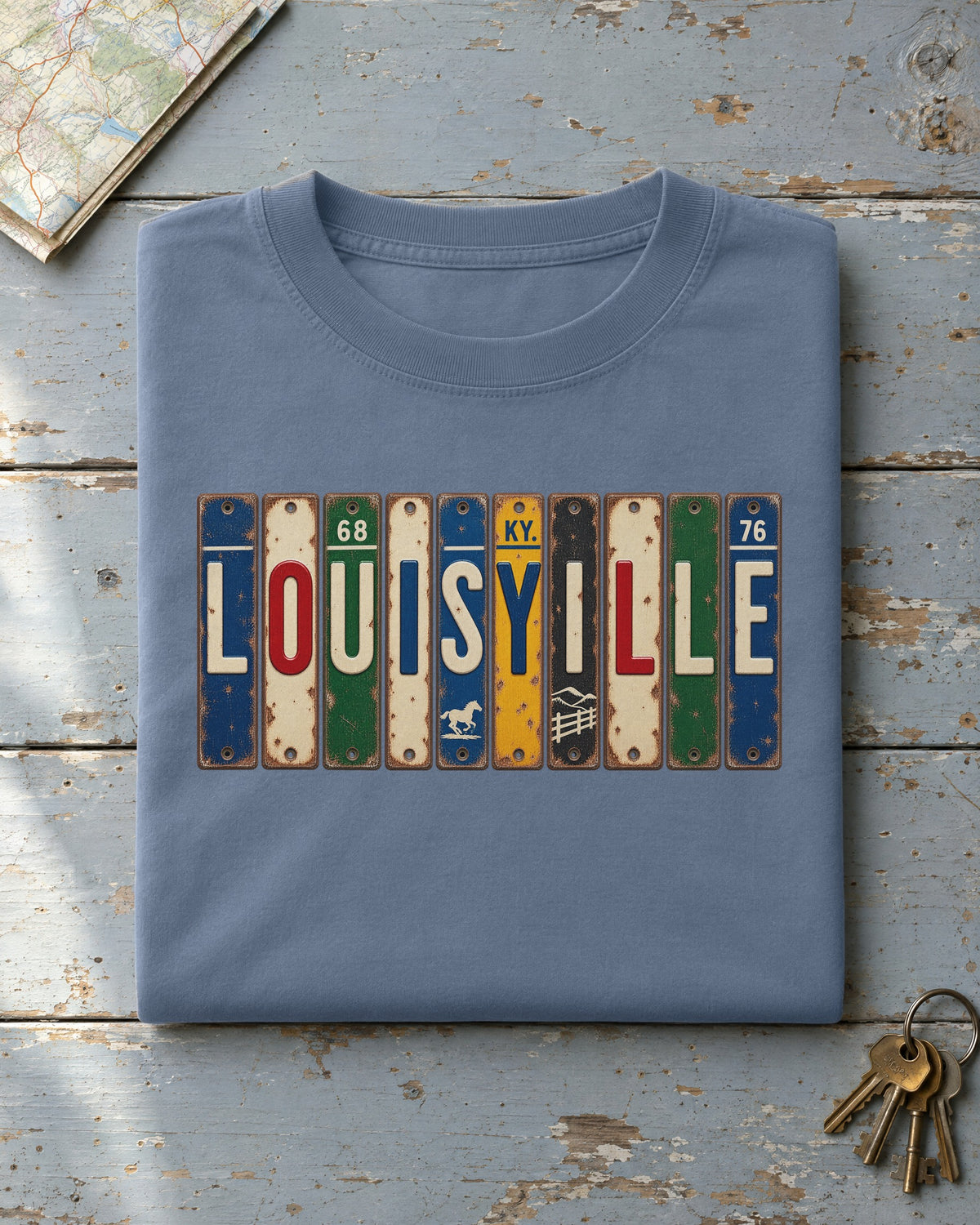 Louisville, Kentucky vintage license plate t-shirt in Blue Jean