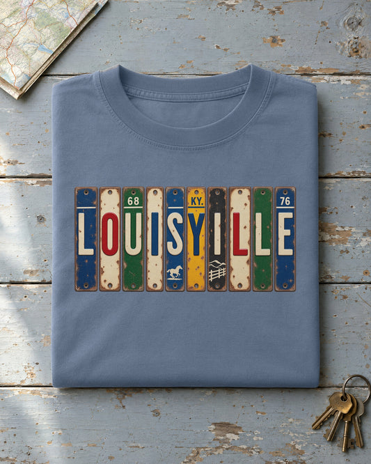 Louisville, Kentucky vintage license plate t-shirt in Blue Jean