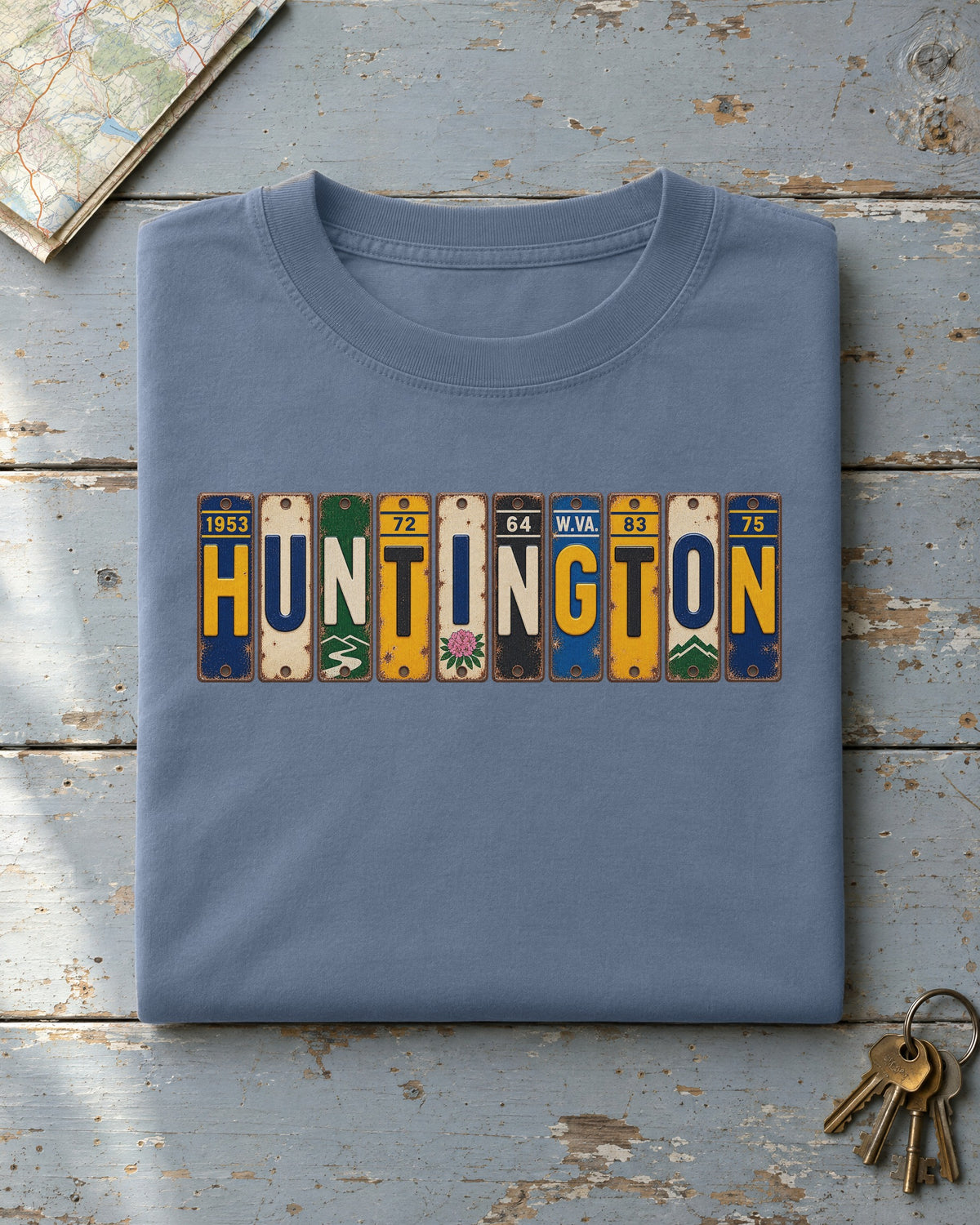 Huntington, West Virginia vintage license plate t-shirt in Blue Jean