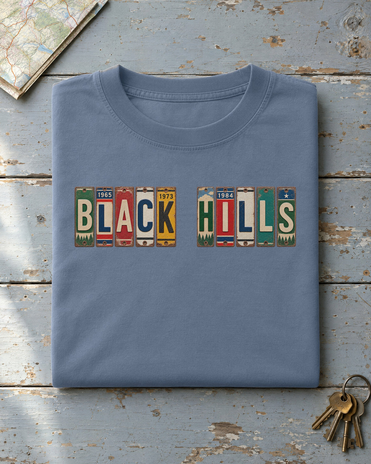 Black Hills, South Dakota vintage license plate t-shirt in Blue Jean