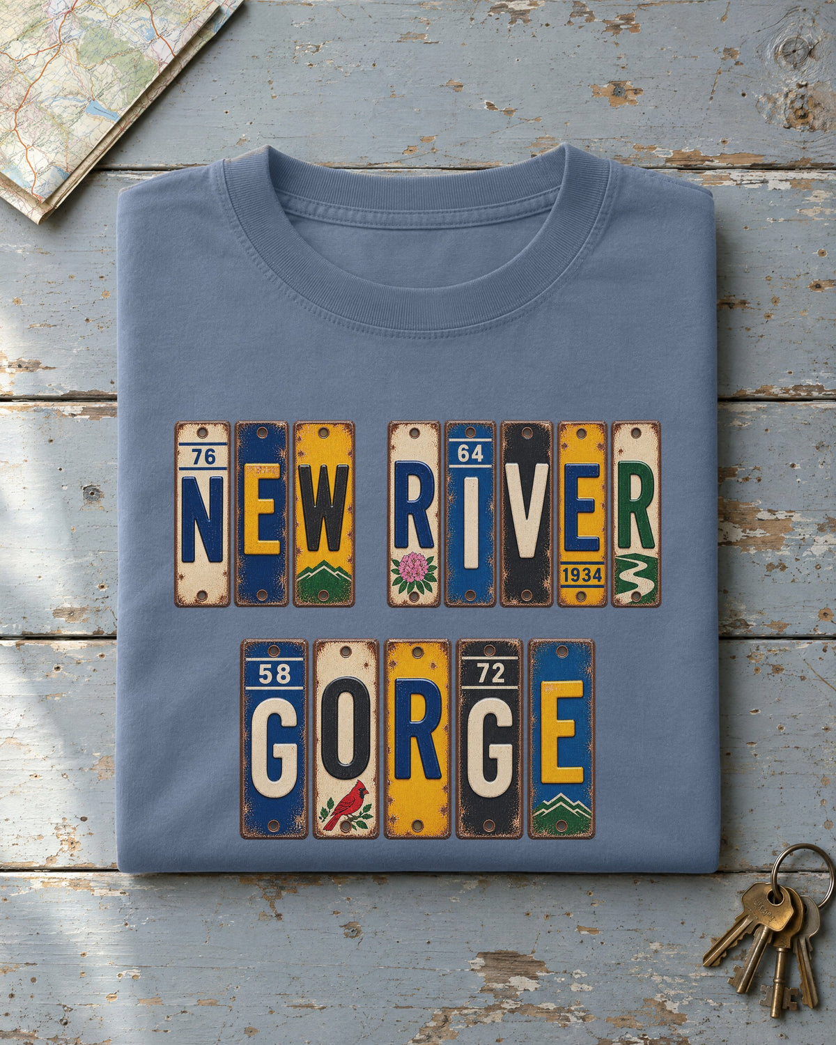 New River Gorge, West Virginia vintage license plate t-shirt in Blue Jean