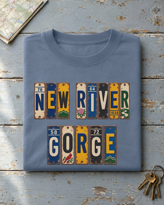 New River Gorge, West Virginia vintage license plate t-shirt in Blue Jean