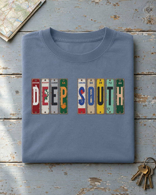 Deep South vintage license plate t-shirt in Blue Jean