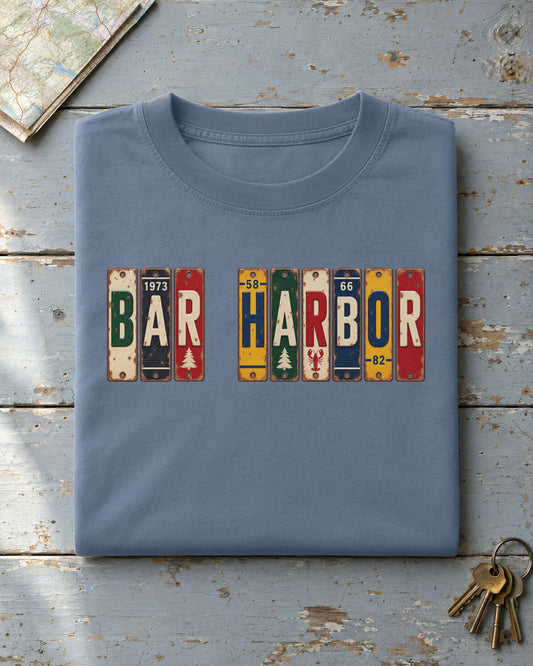 Bar Harbor, Maine vintage license plate t-shirt in Blue Jean