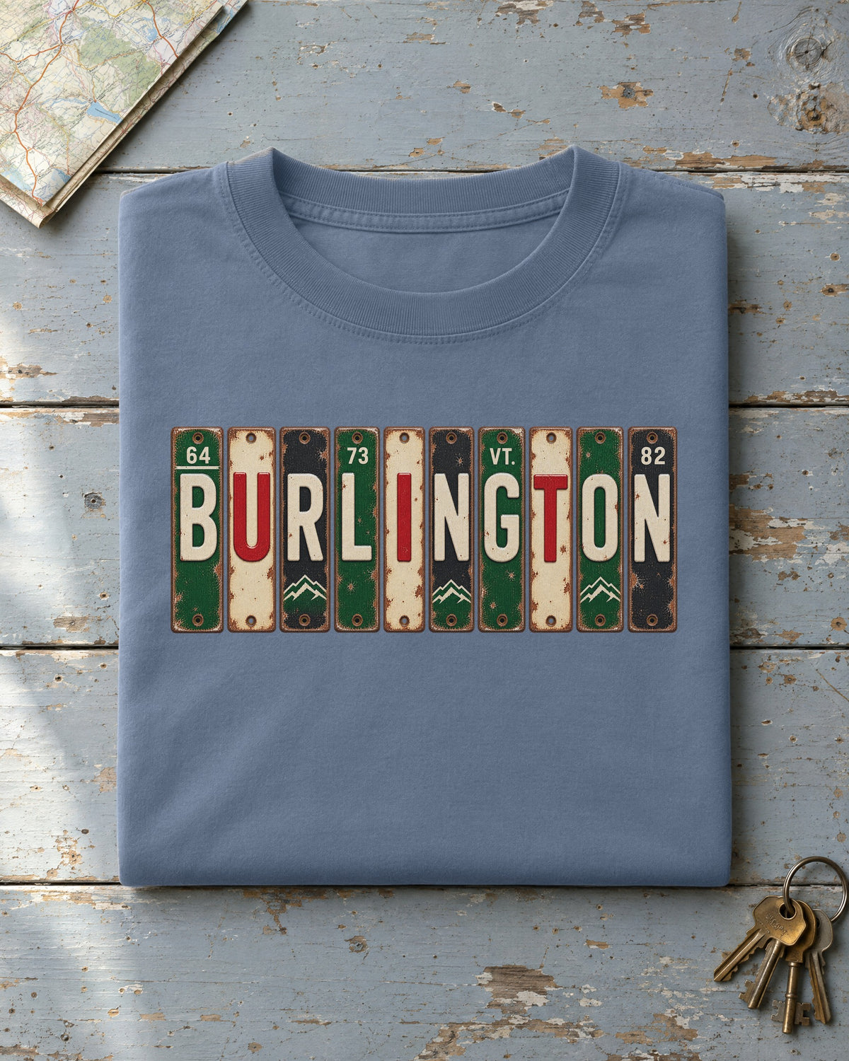 Burlington, Vermont vintage license plate t-shirt in Blue Jean