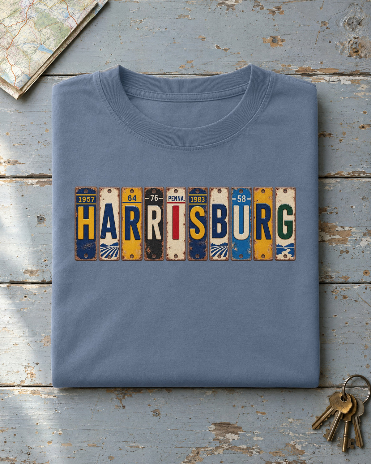 Harrisburg, Pennsylvania vintage license plate t-shirt in Blue Jean