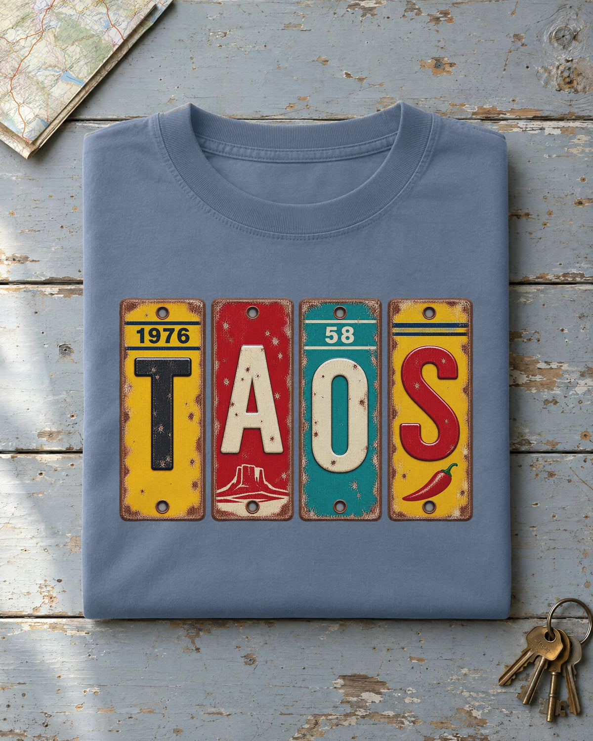 Taos, New Mexico vintage license plate t-shirt in Blue Jean