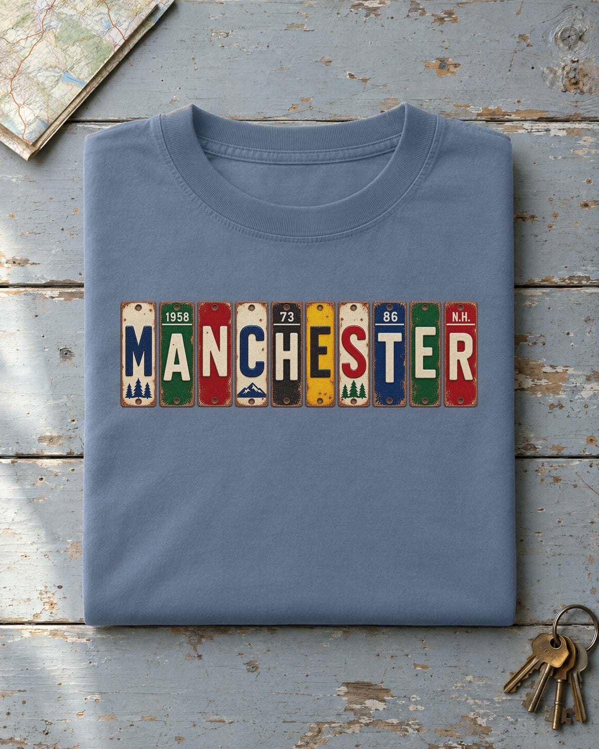 Manchester, New Hampshire vintage license plate t-shirt in Blue Jean