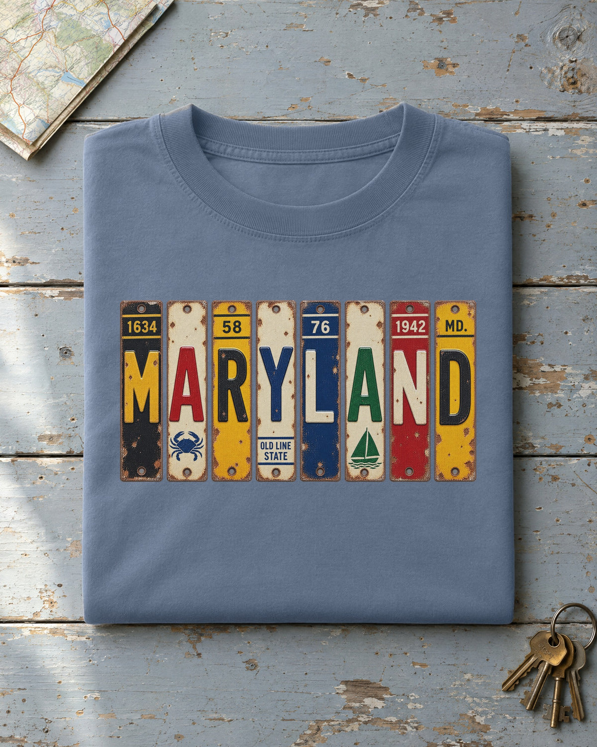 Maryland vintage license plate t-shirt in Blue Jean