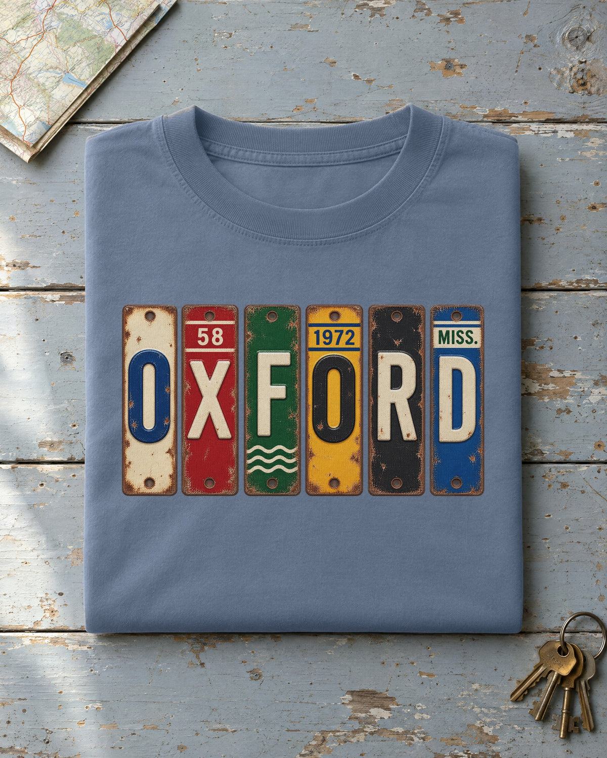 Oxford, Mississippi vintage license plate t-shirt in Blue Jean