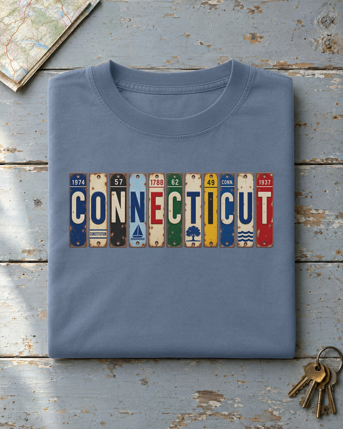Connecticut vintage license plate t-shirt in Blue Jean