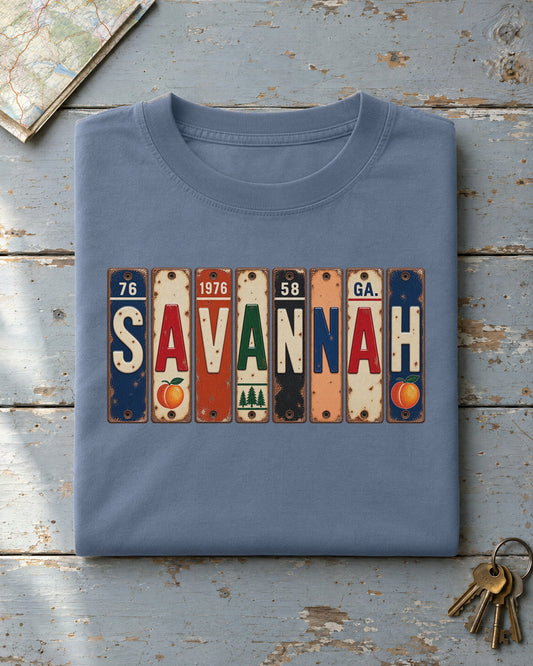 Savannah, Georgia vintage license plate t-shirt in Blue Jean